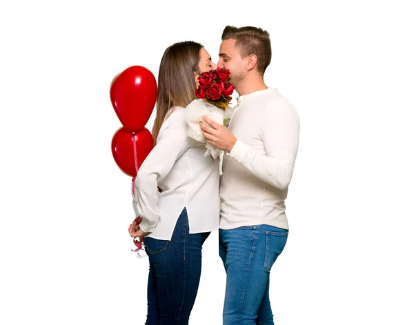 Pareja Día San Valentín Con Flores Globos Con Forma Corazón —  Fotos de Stock