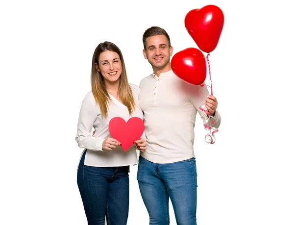 Pár Valentine Den Drží Symbol Srdce Balóny — Stock fotografie