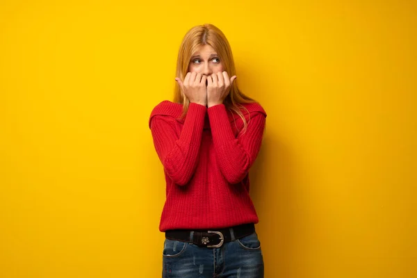 Blonde Woman Yellow Wall Little Bit Nervous Scared Putting Hands — Stock Photo, Image