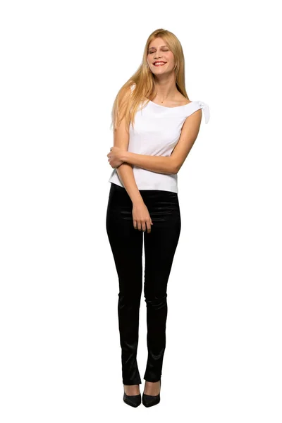 Young Blonde Woman Keeping Arms Crossed Frontal Position Isolated White — Stock Photo, Image
