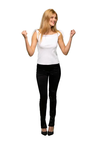 Young Blonde Woman Celebrating Victory Isolated White Background — Stock Photo, Image