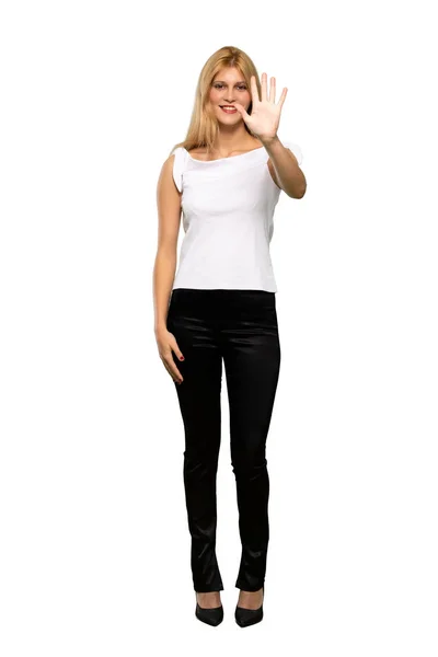Young Blonde Woman Happy Counting Three Fingers Isolated White Background — Stock Photo, Image