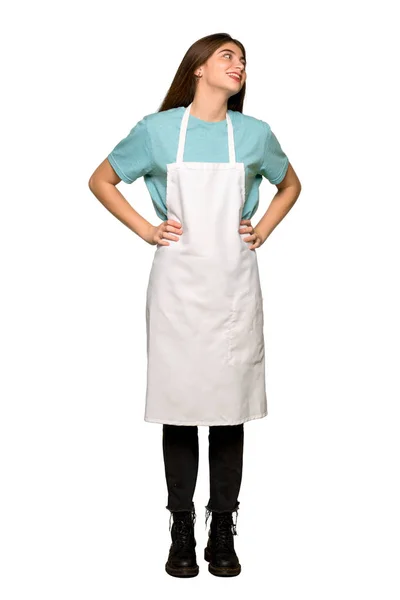 Full Length Shot Girl Apron Posing Arms Hip Laughing Isolated — Stock Photo, Image