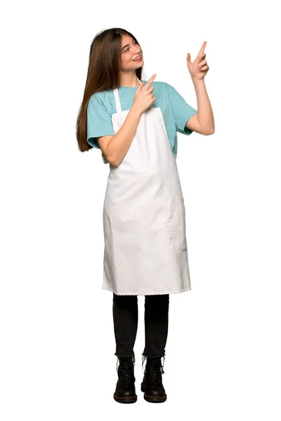 Full Length Shot Girl Apron Pointing Index Finger Looking Isolated — Stock Photo, Image