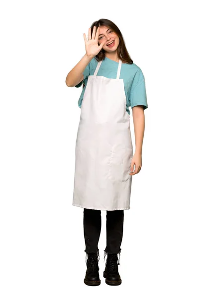 Full Length Shot Girl Apron Counting Five Fingers Isolated White — Stock Photo, Image