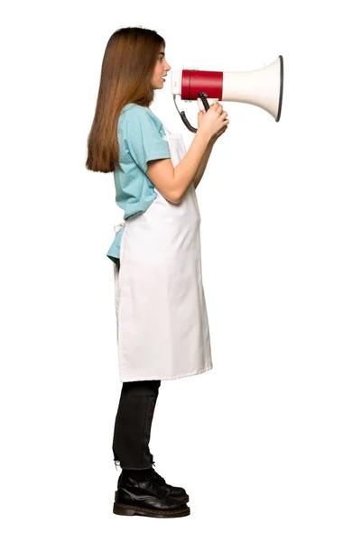 Full Length Shot Girl Apron Shouting Megaphone Isolated White Background — Stock Photo, Image