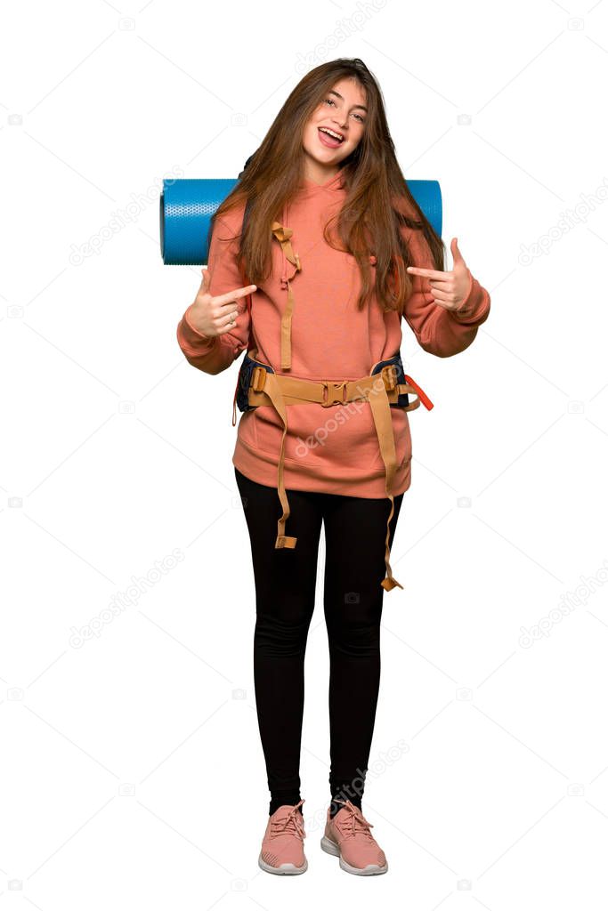 Full-length shot of Hiker girl proud and self-satisfied in love yourself concept on isolated white background