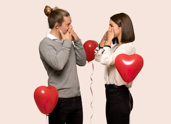 Couple Valentine Day Covering Mouth Hands Saying Something Inappropriate Isolated — Stock Photo, Image