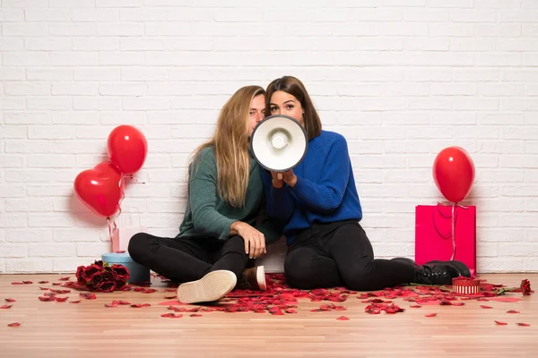 Pareja Día San Valentín Gritando Través Megáfono —  Fotos de Stock