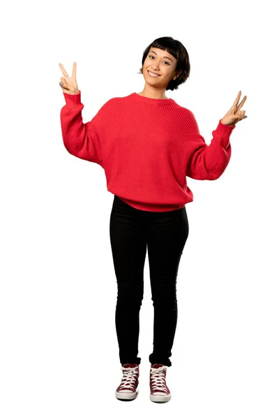 Full Length Shot Short Hair Girl Red Sweater Smiling Showing — Stock Photo, Image