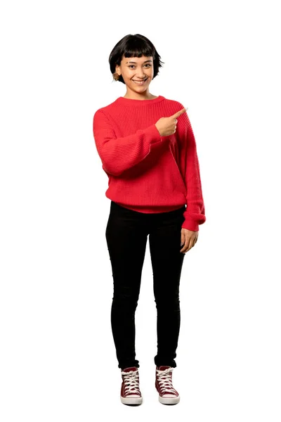 Eine Ganzkörperaufnahme Eines Kurzhaarigen Mädchens Mit Rotem Pullover Das Zur — Stockfoto