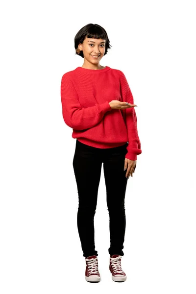 Pełnej Długości Strzał Krótkie Włosy Dziewczyny Czerwony Sweter Przedstawiając Pomysł — Zdjęcie stockowe