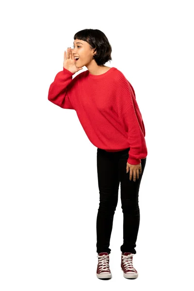Tiro Comprimento Total Uma Menina Cabelo Curto Com Suéter Vermelho — Fotografia de Stock