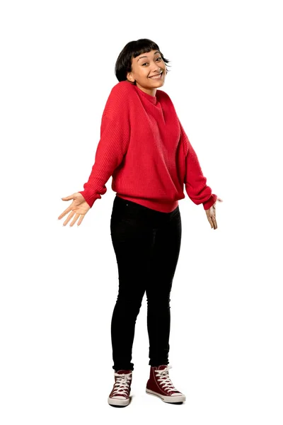Full Length Shot Short Hair Girl Red Sweater Smiling Isolated — Stock Photo, Image