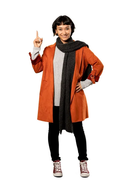 Full Length Shot Short Hair Woman Coat Showing Lifting Finger — Stock Photo, Image