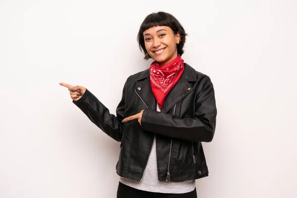 Woman Leather Jacket Handkerchief Pointing Finger Side Lateral Position — Stock Photo, Image