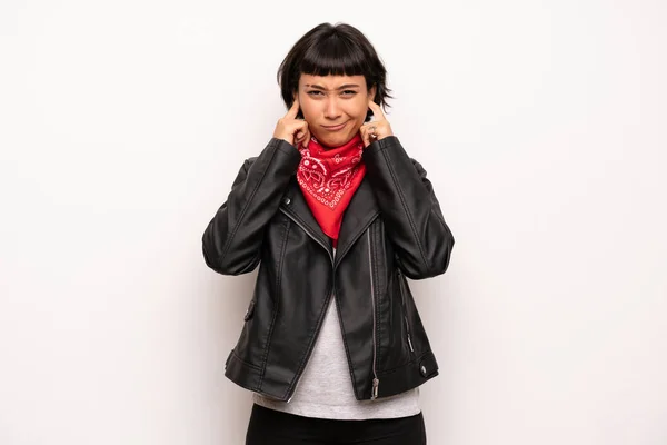 Woman Leather Jacket Handkerchief Covering Ears Hands Frustrated Expression — Stock Photo, Image
