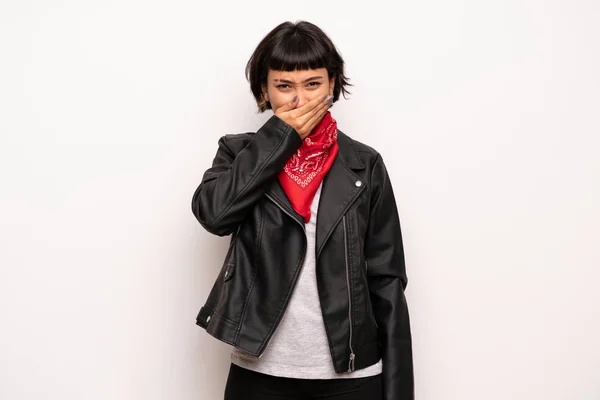 Woman Leather Jacket Handkerchief Covering Mouth Hands Saying Something Inappropriate — Stock Photo, Image