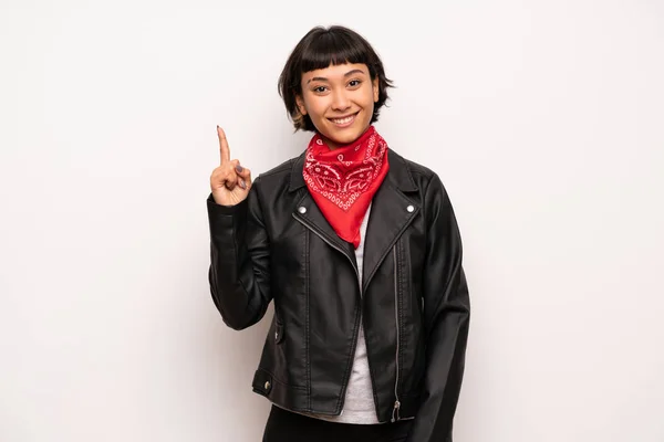 Woman Leather Jacket Handkerchief Showing Lifting Finger Sign Best — Stock Photo, Image