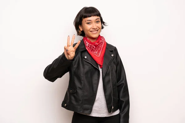 Woman Leather Jacket Handkerchief Happy Counting Three Fingers — Stock Photo, Image