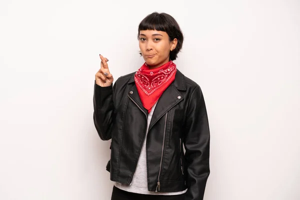 Woman Leather Jacket Handkerchief Fingers Crossing Wishing Best — Stock Photo, Image