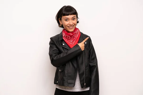 Woman Leather Jacket Handkerchief Pointing Side Present Product — Stock Photo, Image