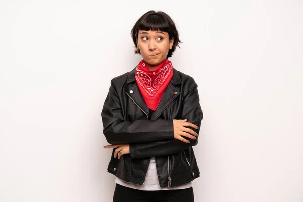 Woman Leather Jacket Handkerchief Feeling Upset — Stock Photo, Image