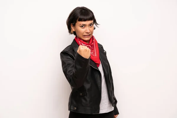 Woman Leather Jacket Handkerchief Angry Gesture — Stock Photo, Image