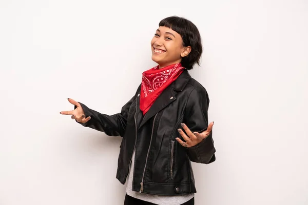 Woman Leather Jacket Handkerchief Smiling — Stock Photo, Image