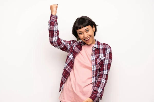 Young Woman Short Hair Celebrating Victory — Stock Photo, Image
