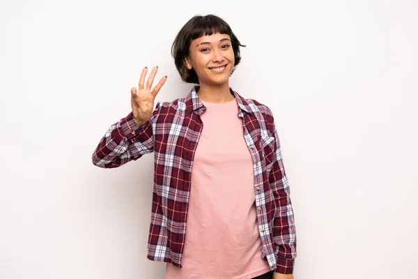 Mujer Joven Con Pelo Corto Feliz Contando Tres Con Los —  Fotos de Stock