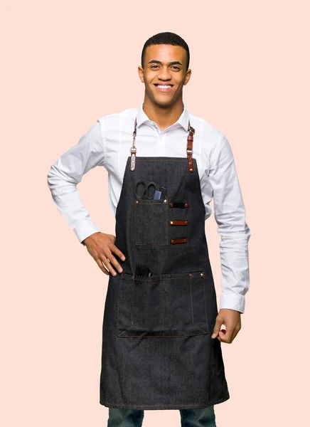 Young Afro American Barber Man Posing Arms Hip Smiling Isolated — Stock Photo, Image