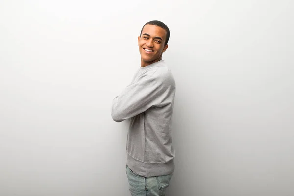 African American Man White Wall Background Looking Shoulder Smile — Stock Photo, Image