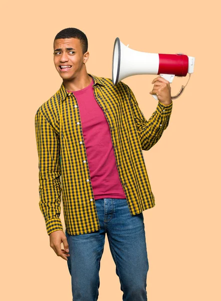 Young Afro American Man Taking Megaphone Makes Lot Noise Isolated — Stock Photo, Image