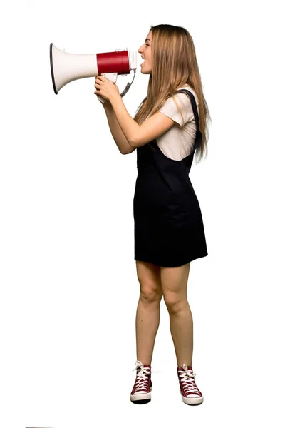 Cuerpo Completo Joven Mujer Bonita Gritando Través Megáfono Para Anunciar — Foto de Stock
