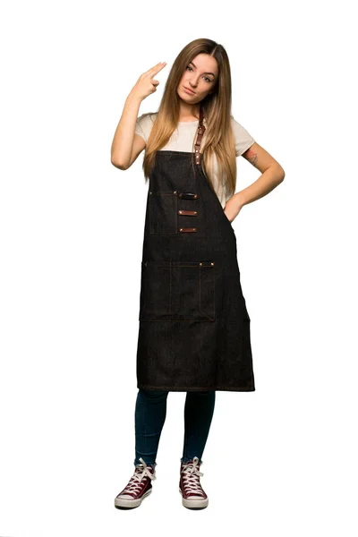 Full Body Young Woman Apron Problems Making Suicide Gesture Isolated — Stock Photo, Image