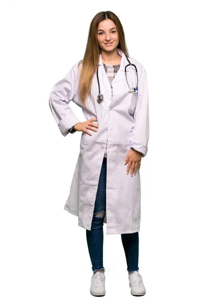 Corpo Pieno Giovane Medico Donna Posa Con Braccia All Anca — Foto Stock