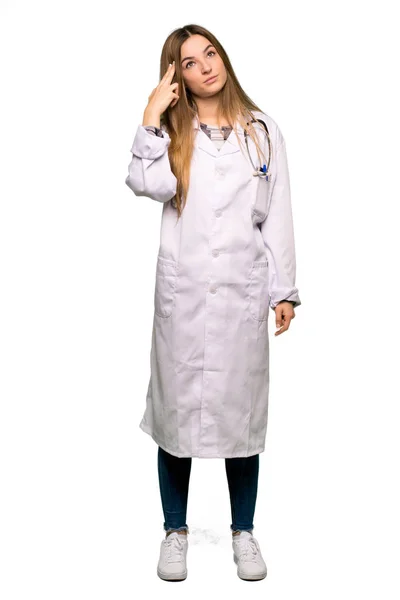 Full Body Young Doctor Woman Problems Making Suicide Gesture Isolated — Stock Photo, Image