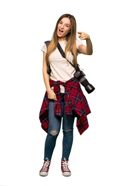 Full Body Young Photographer Woman Frustrated Bad Situation Pointing Front — Stock Photo, Image