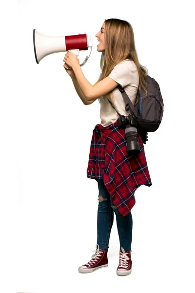 Full Body Young Photographer Woman Shouting Megaphone Announce Something Lateral — Stock Photo, Image