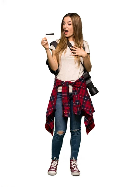 Full Body Young Photographer Woman Holding Credit Card Surprised Isolated — Stock Photo, Image