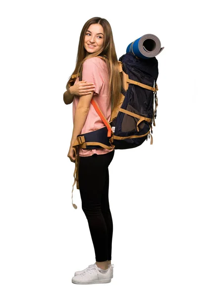 Γεμάτο Σώμα Backpacker Νεαρή Γυναίκα Ψάχνει Πάνω Από Τον Ώμο — Φωτογραφία Αρχείου