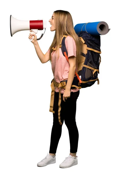 Full Body Young Backpacker Woman Shouting Megaphone Announce Something Lateral — Stock Photo, Image