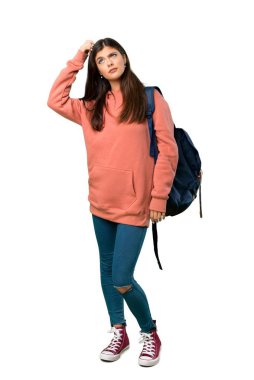 Kazak ve kafa çizilmemesi süre şüpheleri sırt çantası bir genç kızla tam uzunlukta bir kadeh