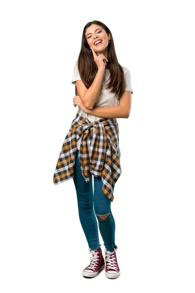 Full Length Shot Teenager Girl Shirt Tied Waist Thinking Idea — Stock Photo, Image