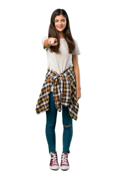 Full Length Shot Teenager Girl Shirt Tied Waist Points Finger — Stock Photo, Image