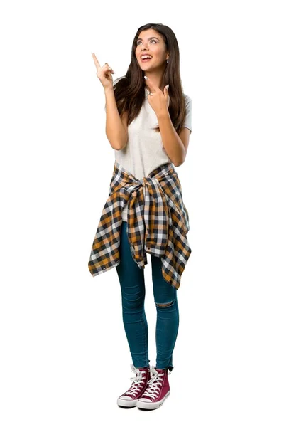 Full Length Shot Teenager Girl Shirt Tied Waist Pointing Index — Stock Photo, Image