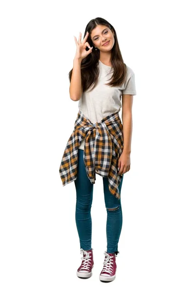 Full Length Shot Teenager Girl Shirt Tied Waist Showing Sign — Stock Photo, Image