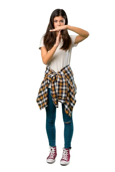 Full Length Shot Teenager Girl Shirt Tied Waist Making Stop — Stock Photo, Image