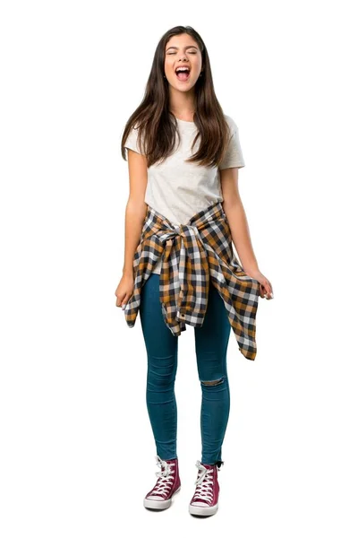 Full Length Shot Teenager Girl Shirt Tied Waist Shouting Front — Stock Photo, Image